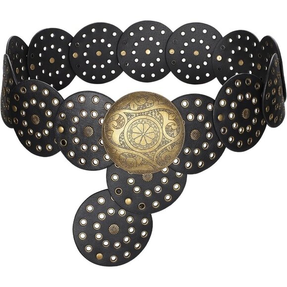 Women\'s Vintage Leather Belt Western Disc Waist Belts Belt Black Bronze Buckle main image 5